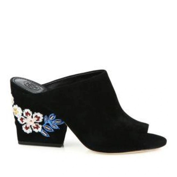 Tory Burch Floral Embroidered Block Heel Slide Sandals In Black 5.5 - Picture 2 of 14